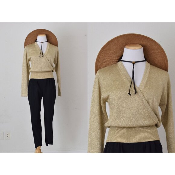 Tesori Sweaters - Vintage 00s Golden Metallic Rayon/Cotton/Poly Wrap Sweater size‎ XS